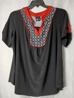 new directions Black Short-Sleeve Top with Red Trim and Printed Yoke